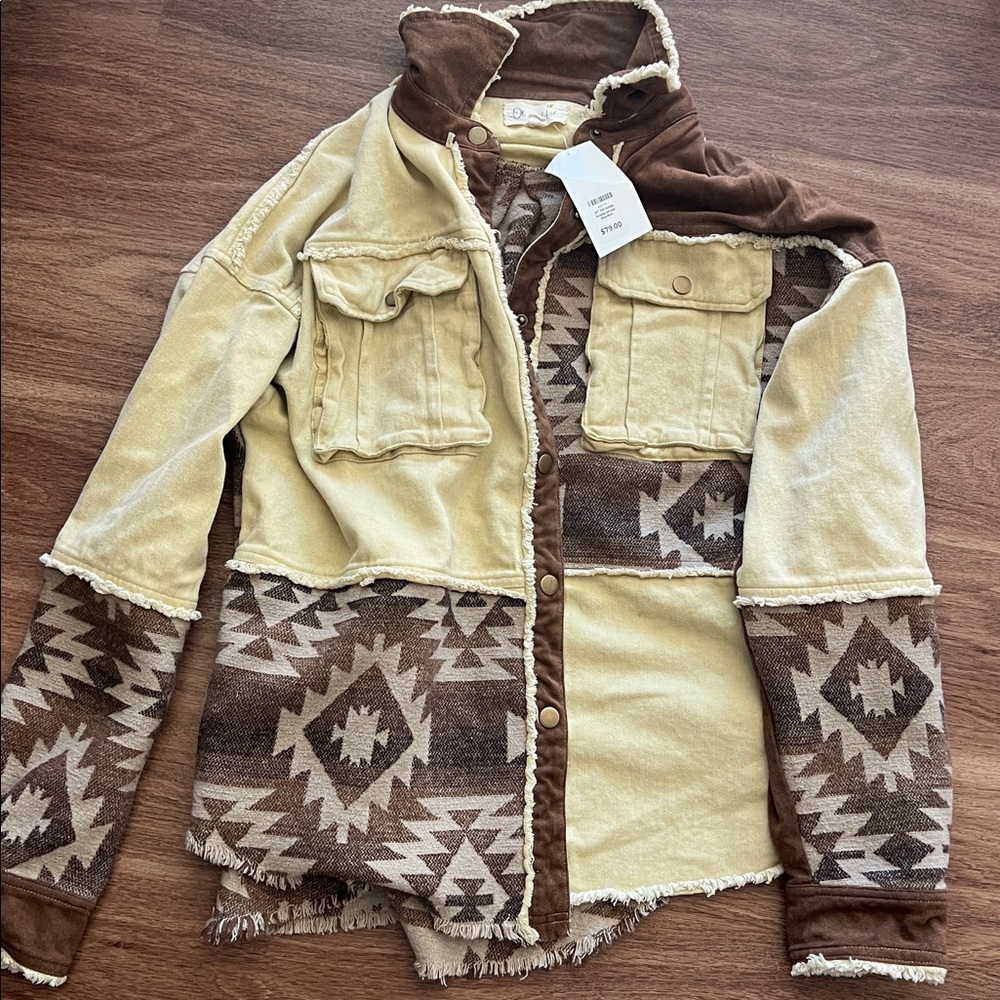 Tan Corduroy Jacket with Patterned Sleeves / Small Oversized fitting to large